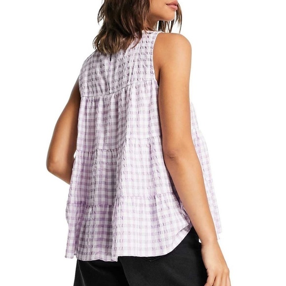 NWT ASOS Tiered Sleeveless Gingham Blouse in Purple & White - Picture 3 of 8